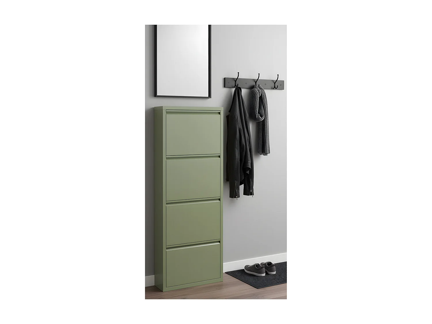 Pisa Armoire à chaussures à 4 rabats/portes en métal, vert. Livré entièrement monté.