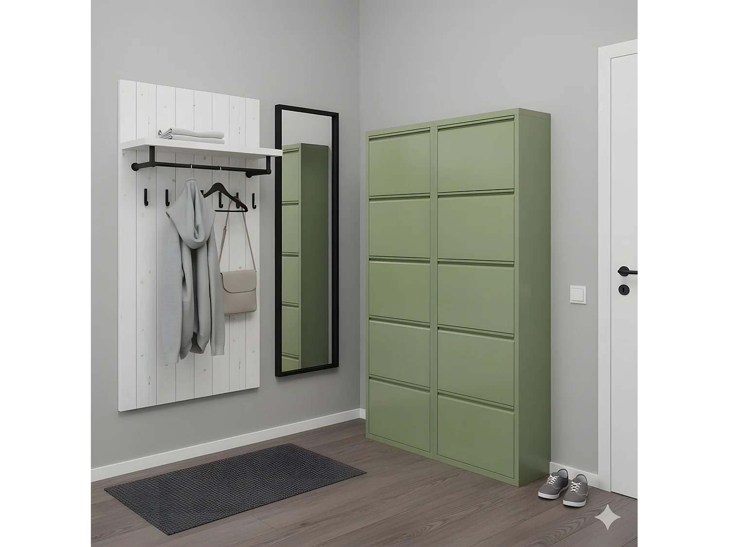 Pisa Armoire à chaussures à 10 rabats/portes en métal, vert. Livré entièrement monté.