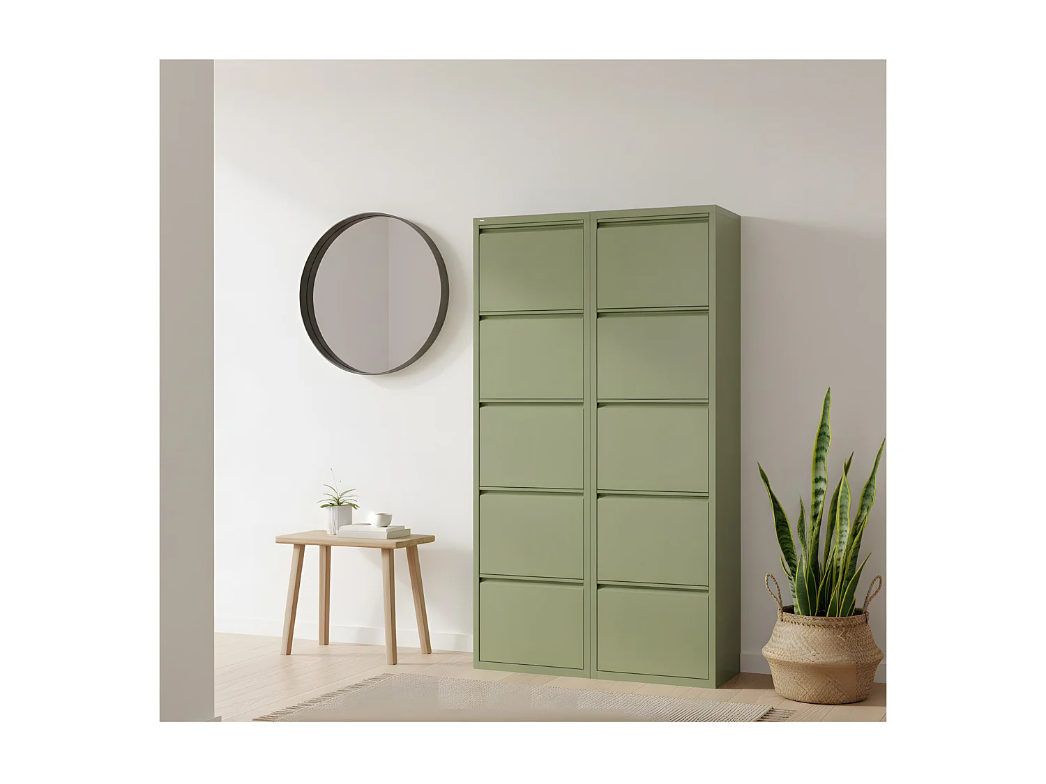 Pisa Armoire à chaussures à 10 rabats/portes en métal, vert. Livré entièrement monté.