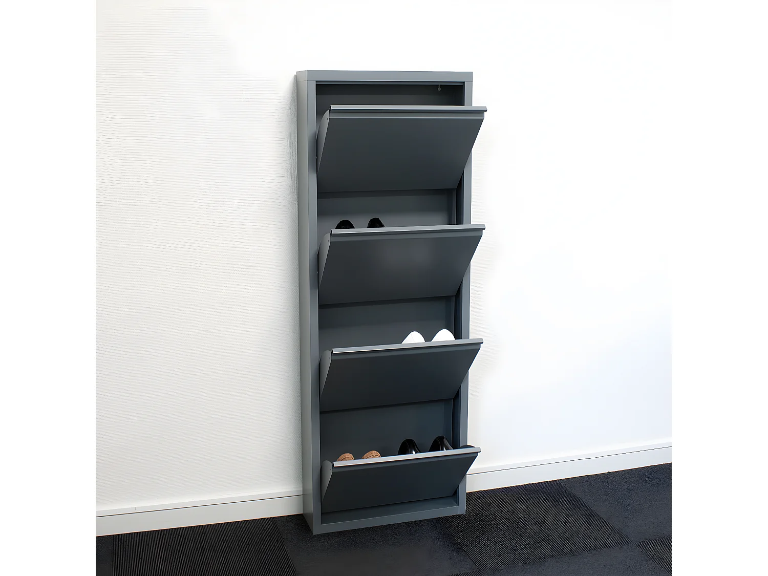 Pisa Schuhschrank mit 4 Klappen/Türen in Metall grau. Fertig montiert geliefert.