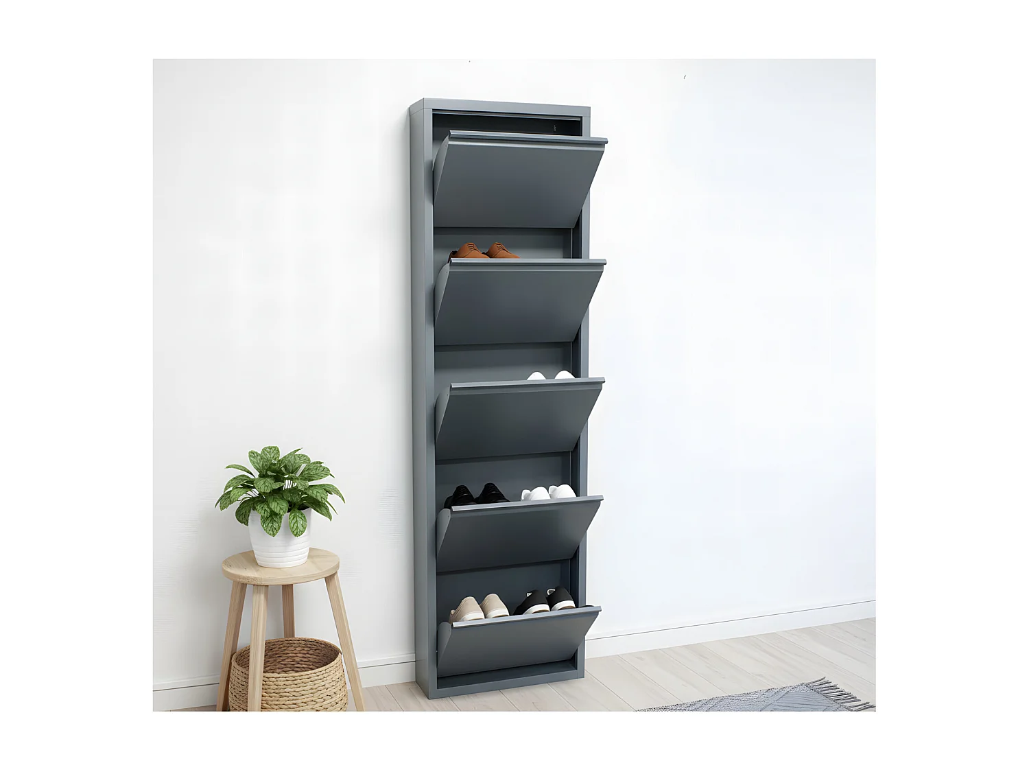 Pisa Armoire à chaussures à 5 rabats/portes en métal, gris. Livré entièrement monté.