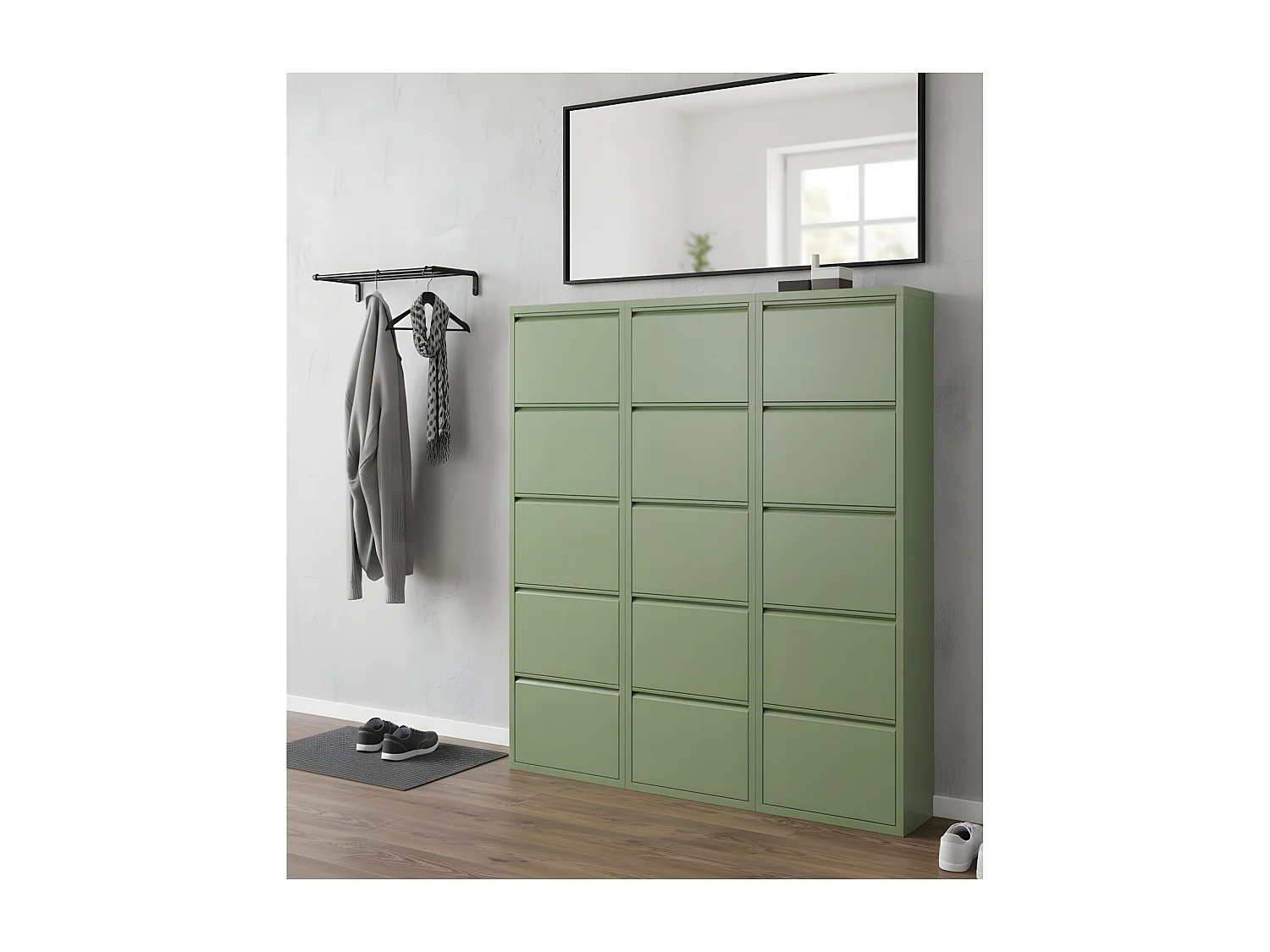 Pisa Armoire à chaussures à 15 rabats/portes en métal, vert. Livré entièrement monté.