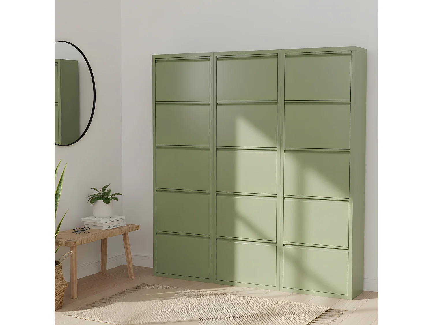 Pisa Armoire à chaussures à 15 rabats/portes en métal, vert. Livré entièrement monté.