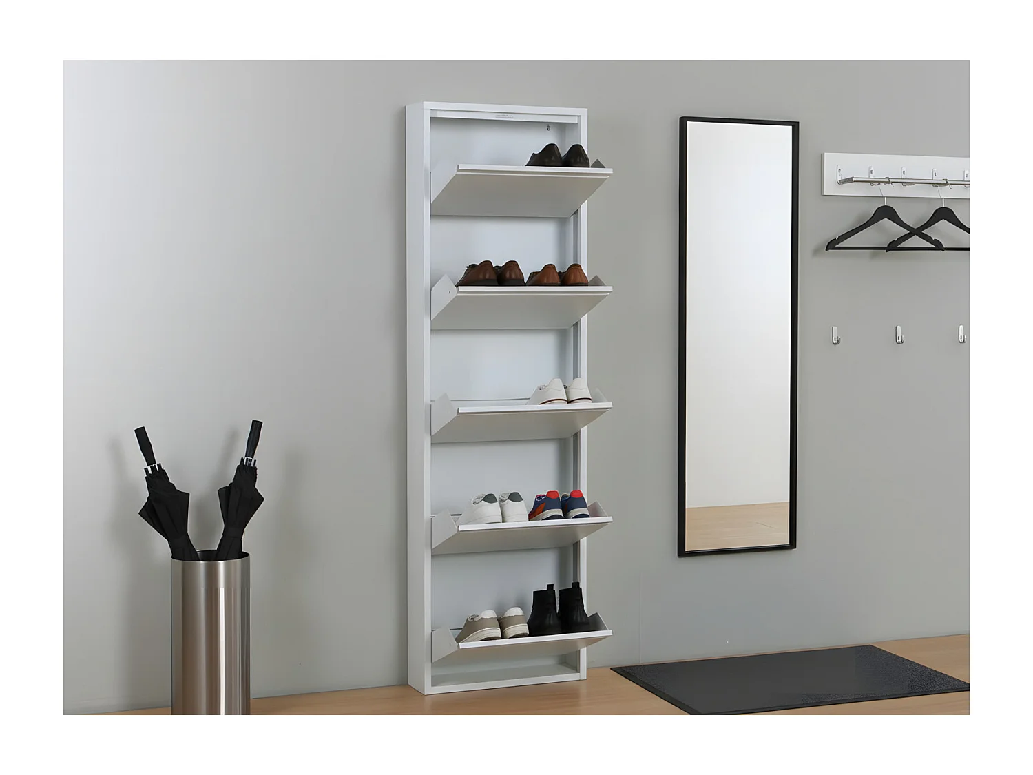 Pisa Armoire à chaussures à 5 rabats/portes en métal, blanc.
