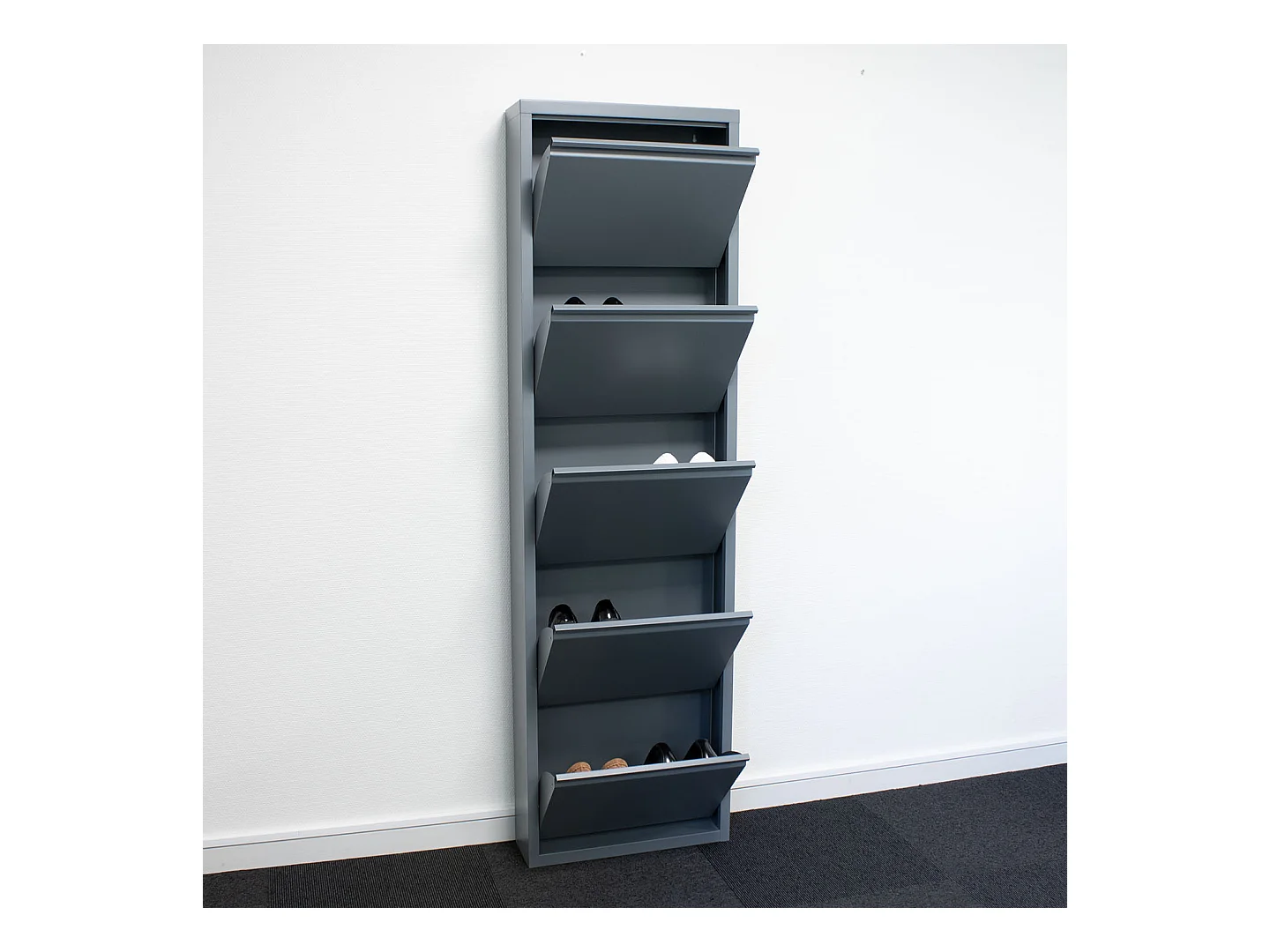Pisa Schuhschrank mit 10 Klappen/Türen in Metall grau. Fertig montiert geliefert.