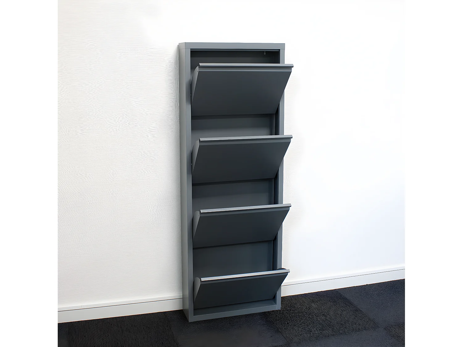 Pisa Schuhschrank mit 12 Klappen/Türen in Metall grau. Fertig montiert geliefert.