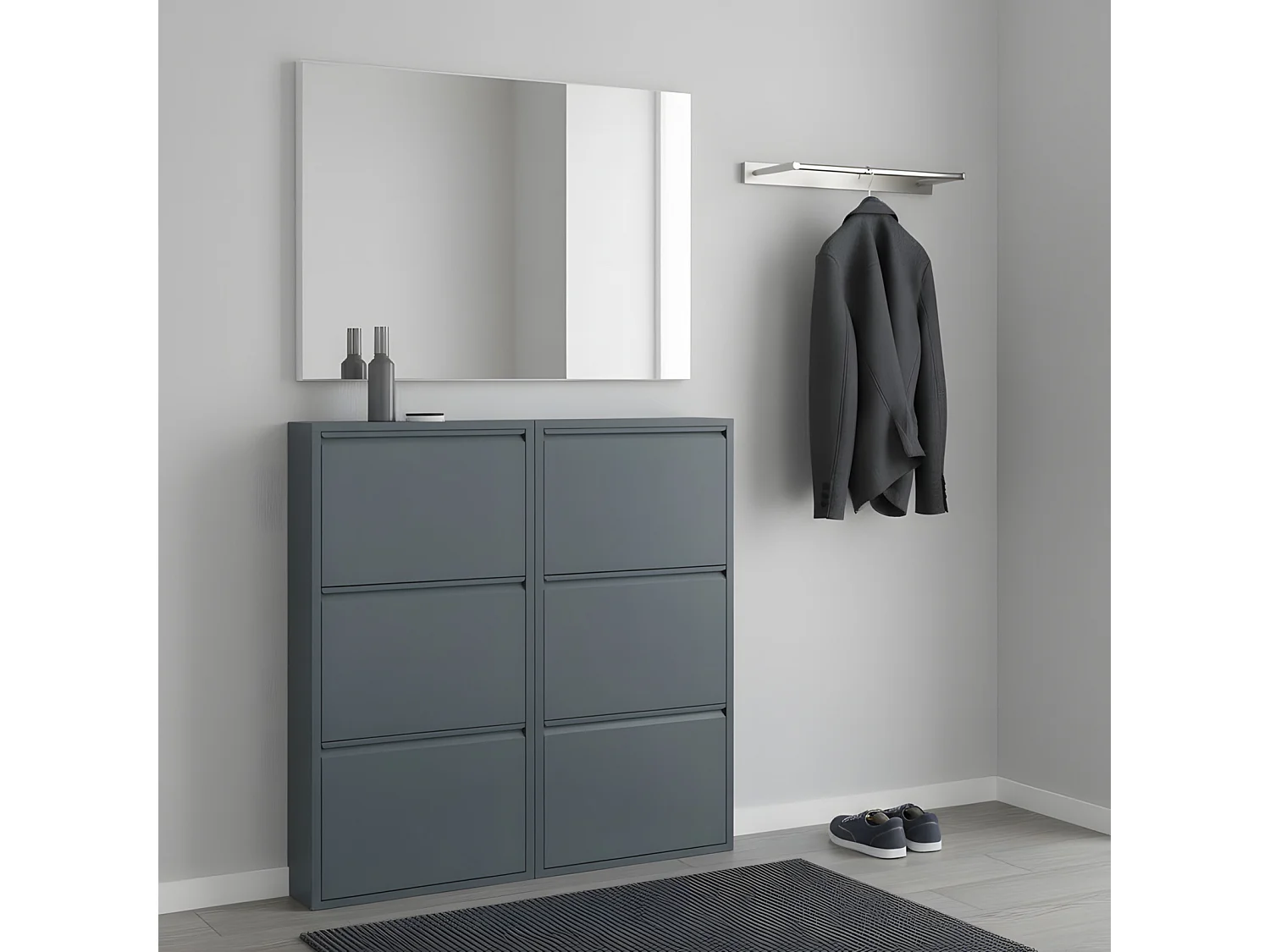 Pisa Armoire à chaussures à 6 rabats/portes en métal, gris. Livré entièrement monté.