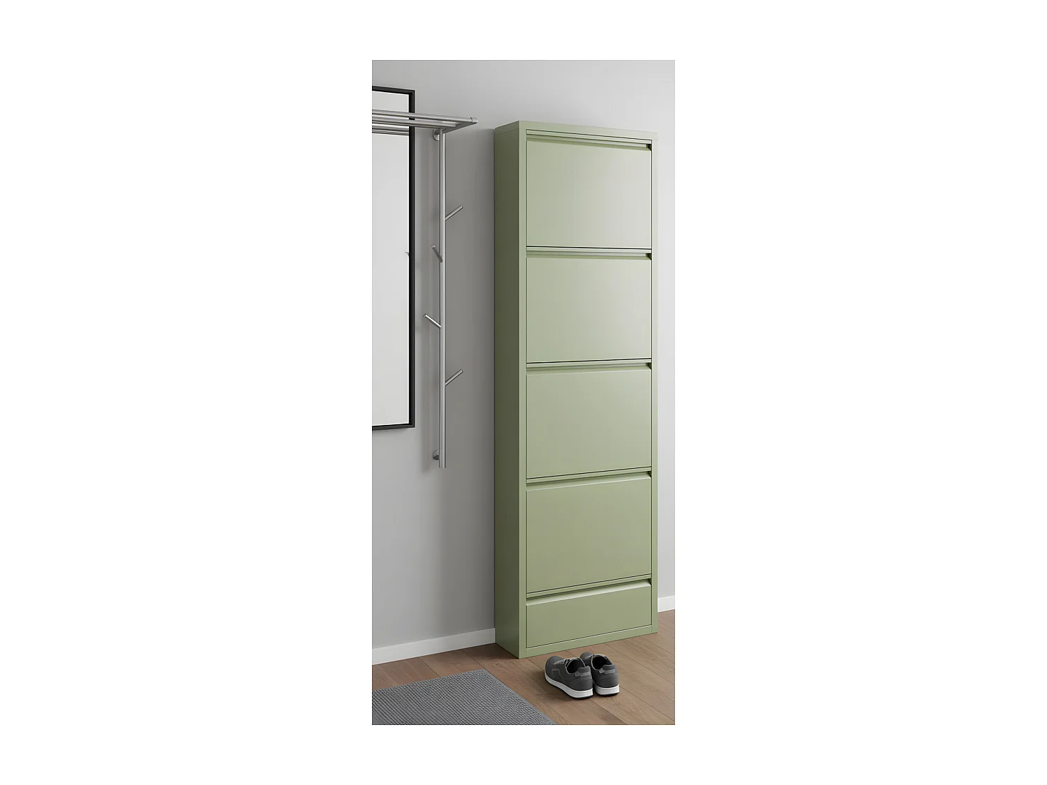 Pisa Armoire à chaussures à 5 rabats/portes en métal, vert. Livré entièrement monté.
