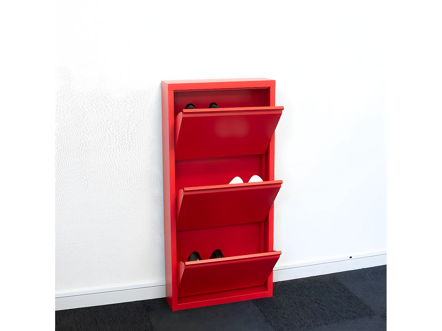 Pisa Armoire à chaussures à 3 rabats/portes en métal, rouge. Livré entièrement monté.