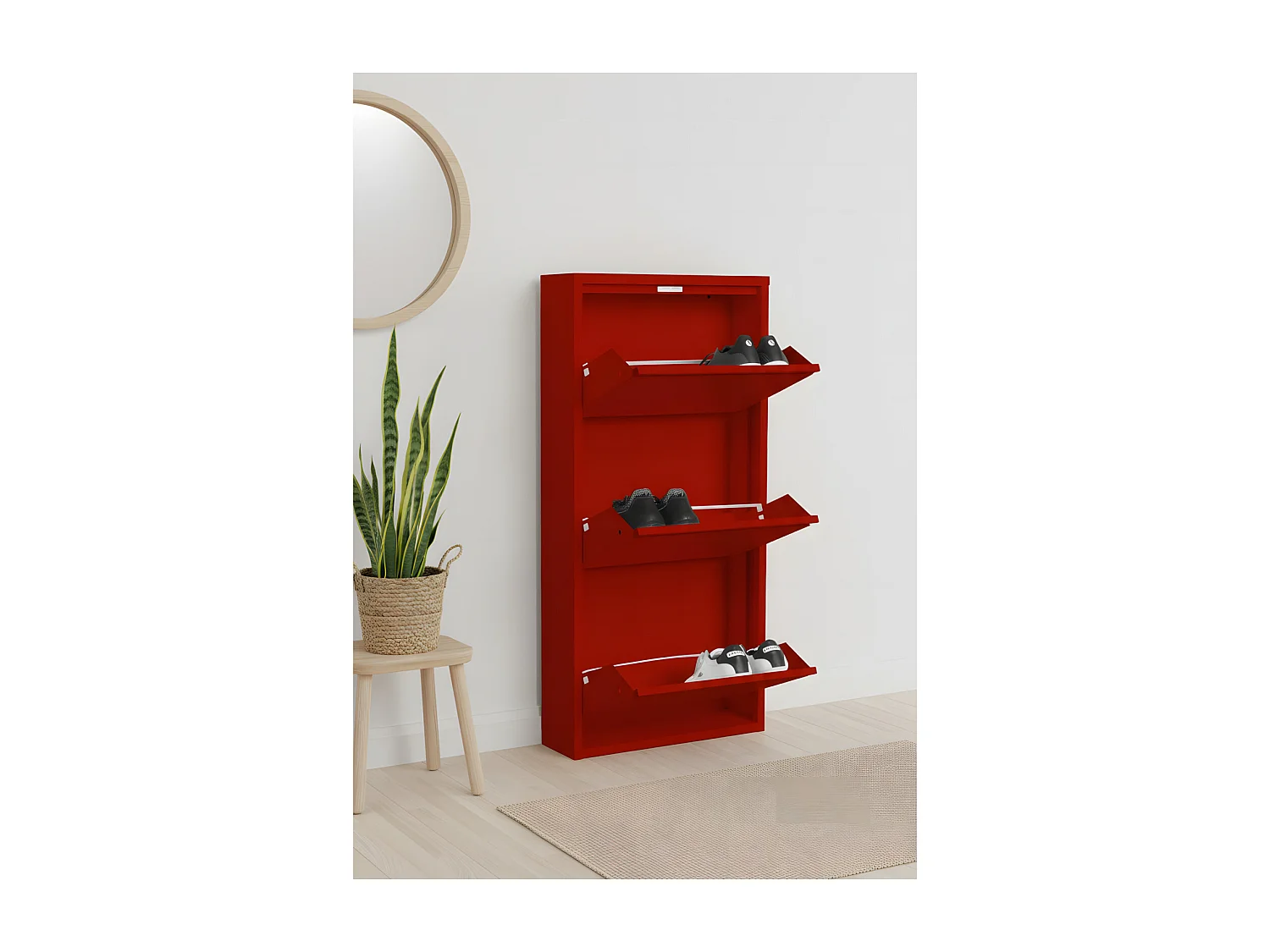 Zapatero Pisa de 3 puertas en metal rojo. Se entrega montado.