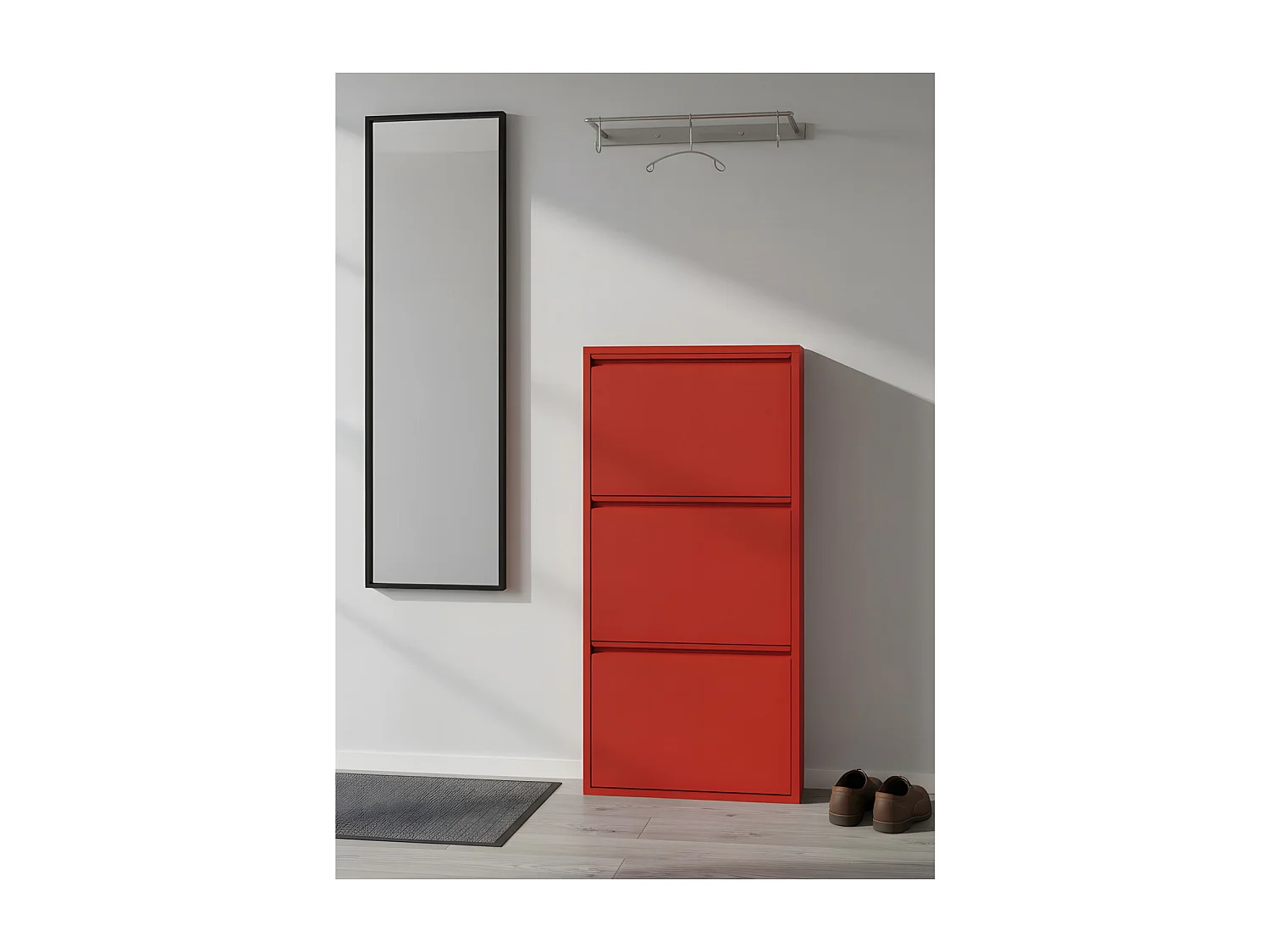 Zapatero Pisa de 3 puertas en metal rojo. Se entrega montado.