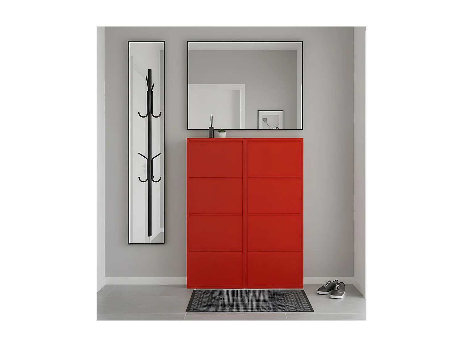 Pisa Armoire à chaussures à 8 rabats/portes en métal, rouge. Livré entièrement monté.
