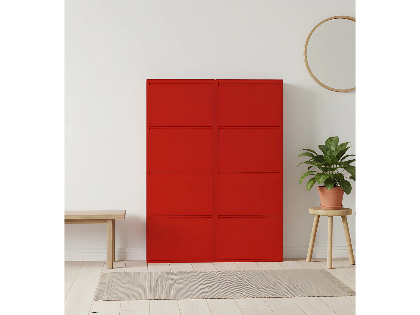Pisa Armoire à chaussures à 8 rabats/portes en métal, rouge. Livré entièrement monté.
