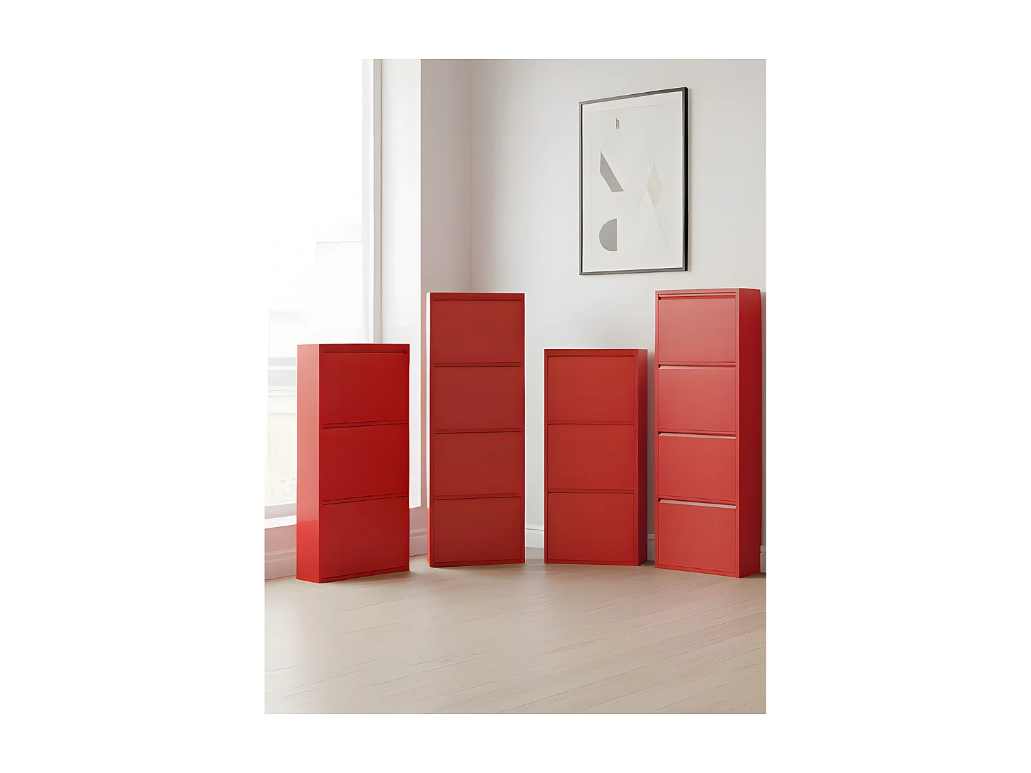 Pisa Armoire à chaussures à 8 rabats/portes en métal, rouge. Livré entièrement monté.