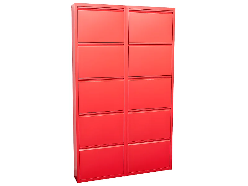 Pisa Armoire à chaussures à 10 rabats/portes en métal, rouge. Livré entièrement monté.