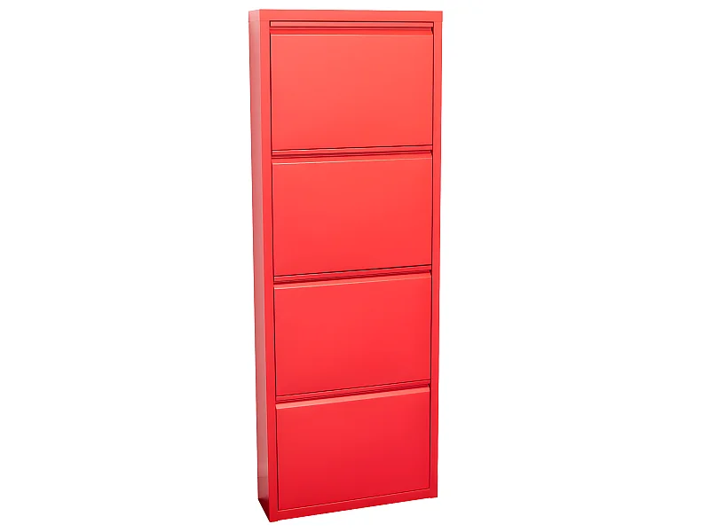 Pisa Armoire à chaussures à 4 rabats/portes en métal, rouge. Livré entièrement monté.