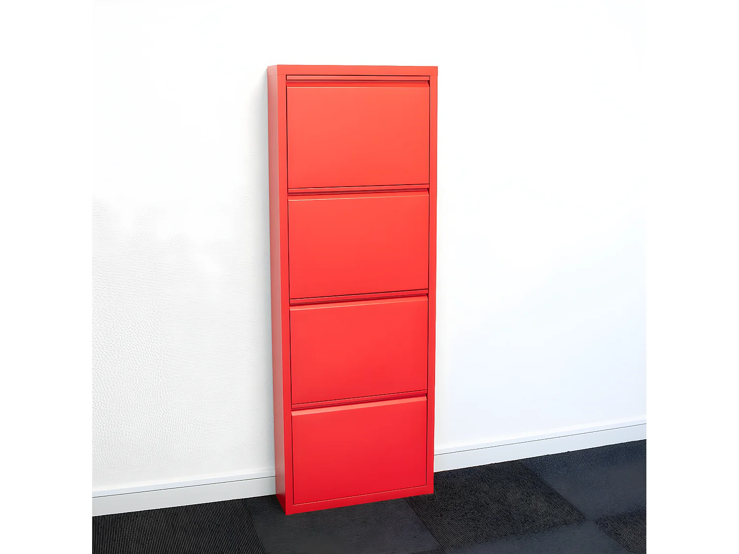 Pisa Armoire à chaussures à 4 rabats/portes en métal, rouge. Livré entièrement monté.