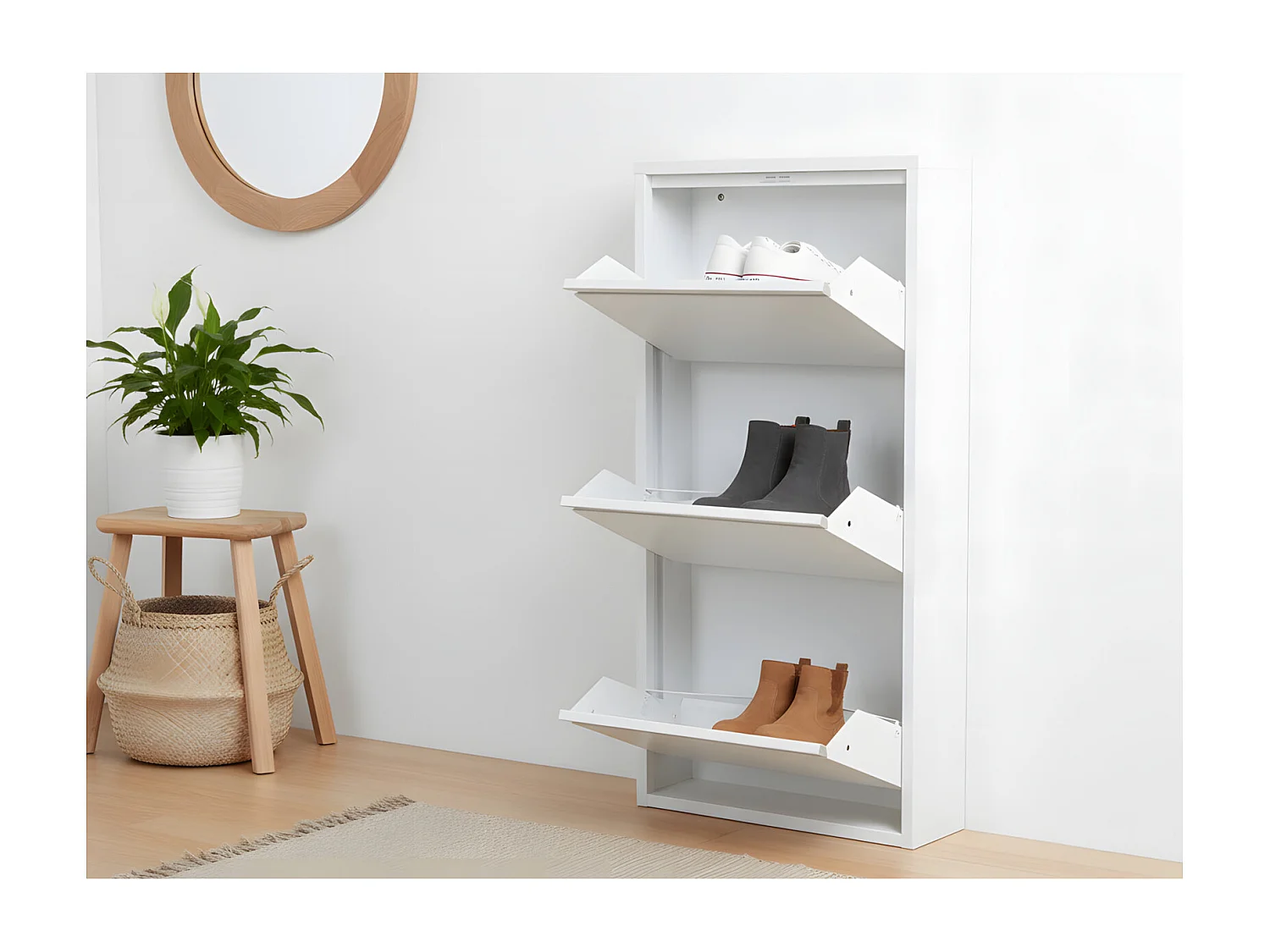 Pisa Armoire à chaussures à 3 rabats/portes en métal, blanc. Livré entièrement monté.