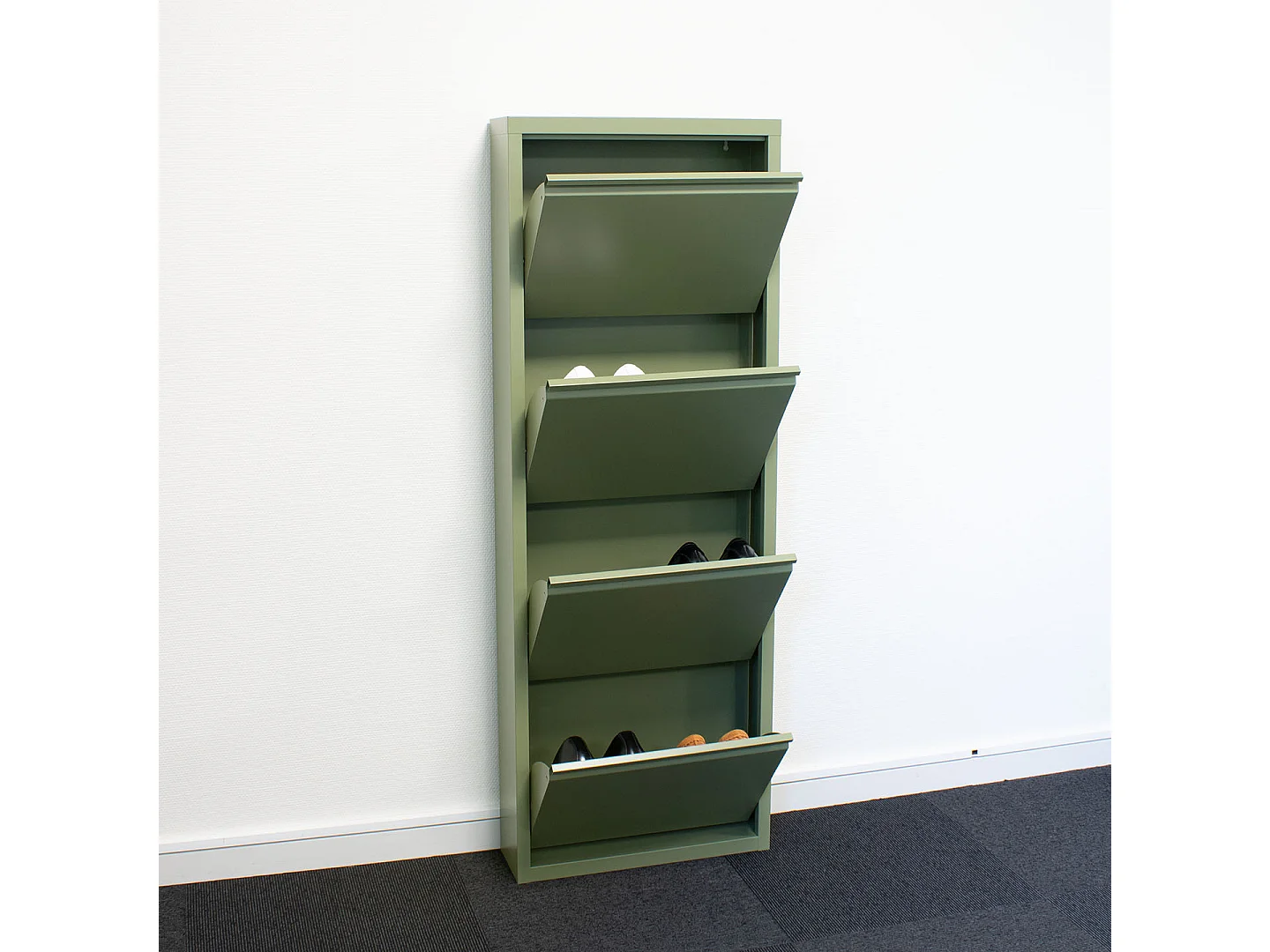 Pisa Schuhschrank mit 8 Klappen/Türen in Metall grün. Fertig montiert geliefert.