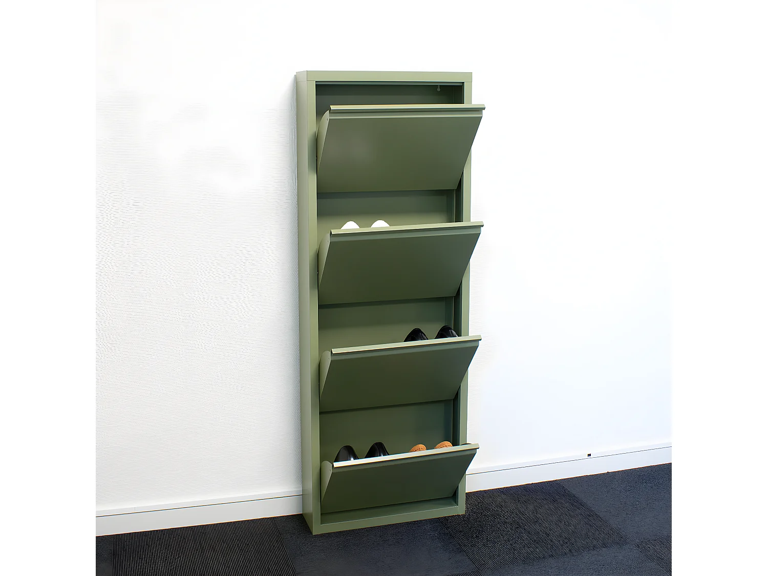 Pisa schoenenkast groen metaal met 12 vakken.