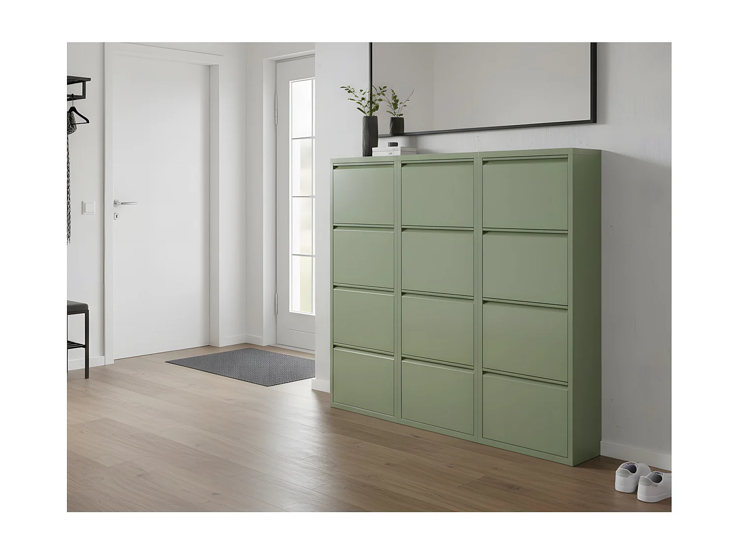 Pisa Armoire à chaussures à 12 rabats/portes en métal, vert. Livré entièrement monté.