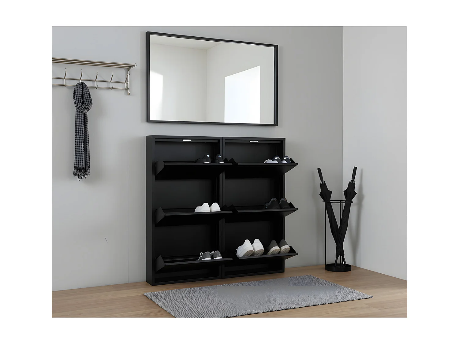 Pisa Armoire à chaussures avec 6 casiers/portes en métal noir. Livrée entièrement montée.