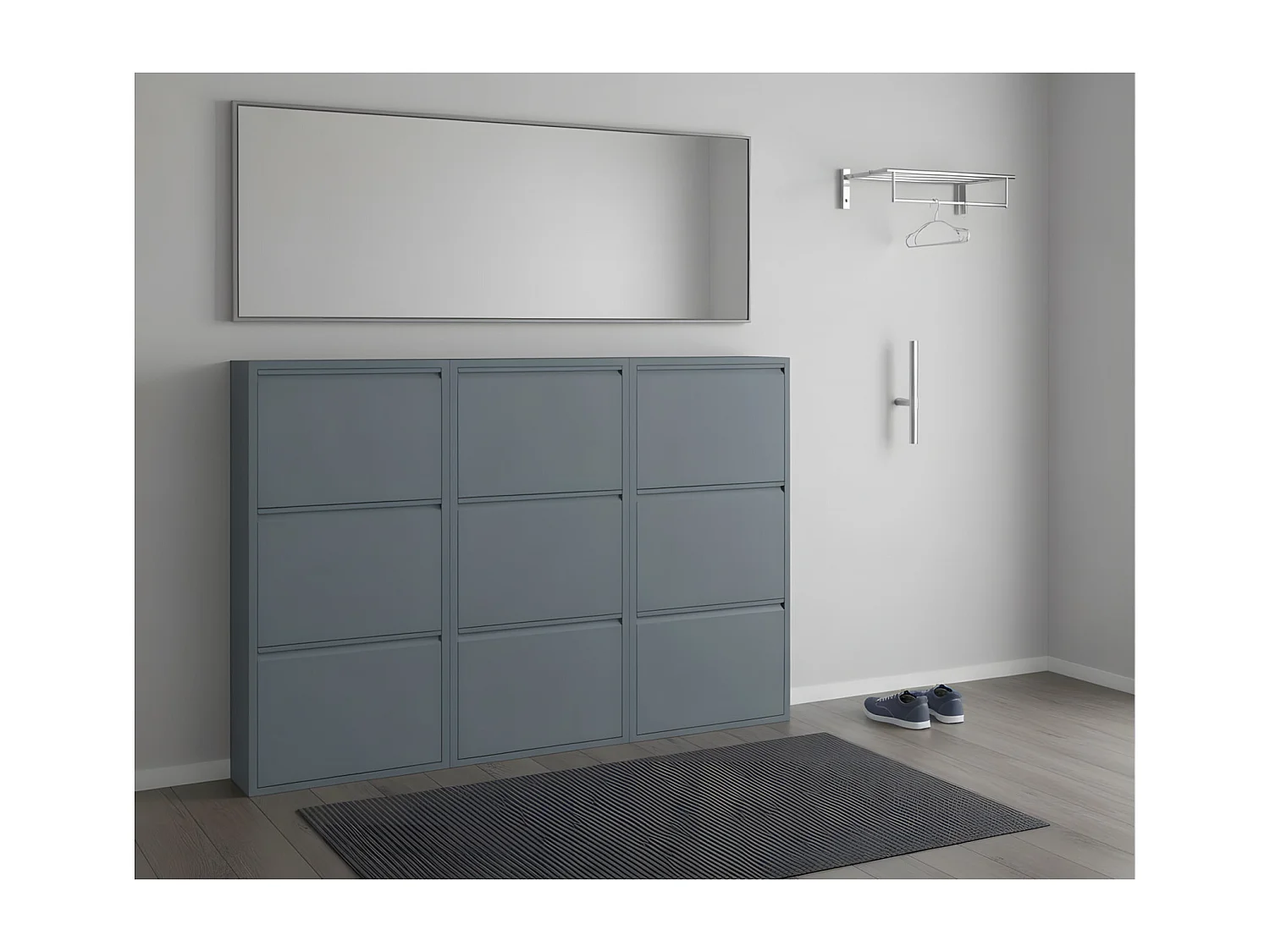 Pisa Armoire à chaussures à 9 rabats/portes en métal, gris. Livré entièrement monté.