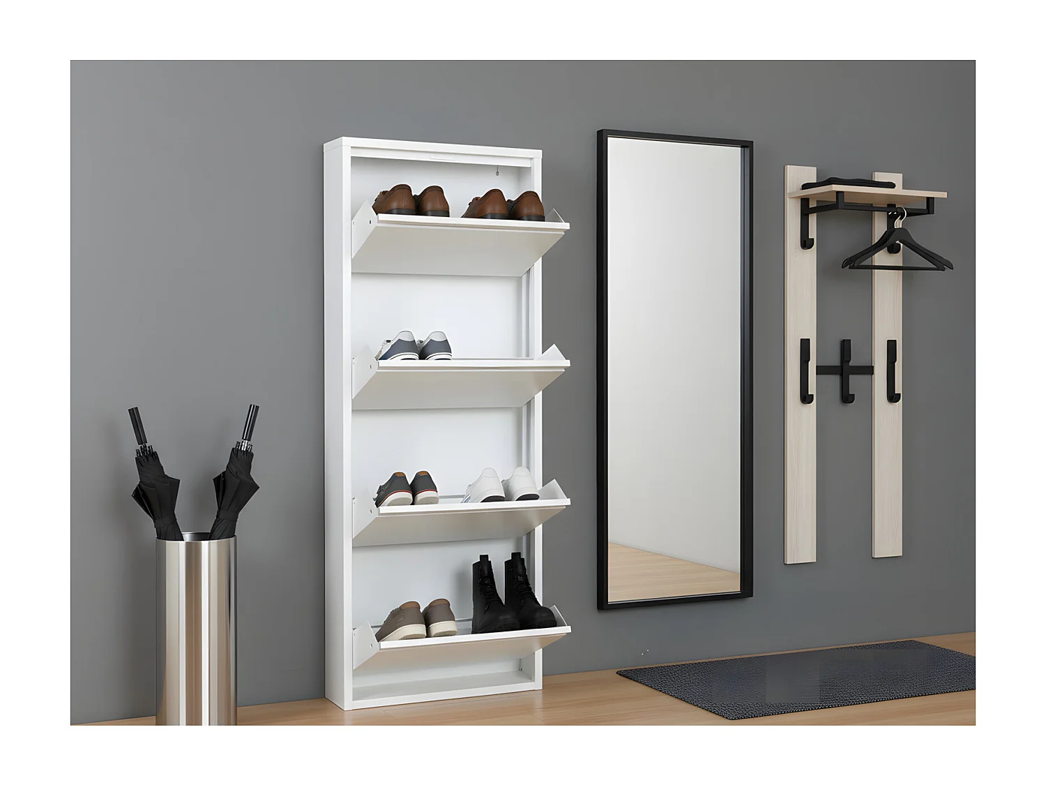 Zapatero Pisa de 4 puertas en metal blanco. Se entrega completamente montado.