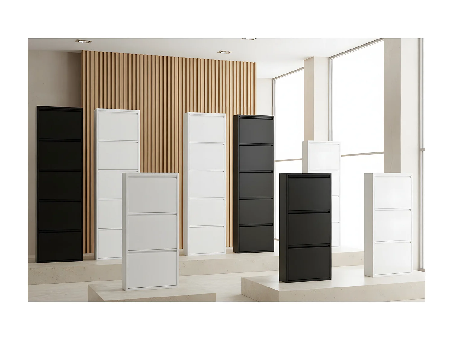 Pisa Armoire à chaussures avec 15 casiers/portes en métal noir. Livrée entièrement montée.