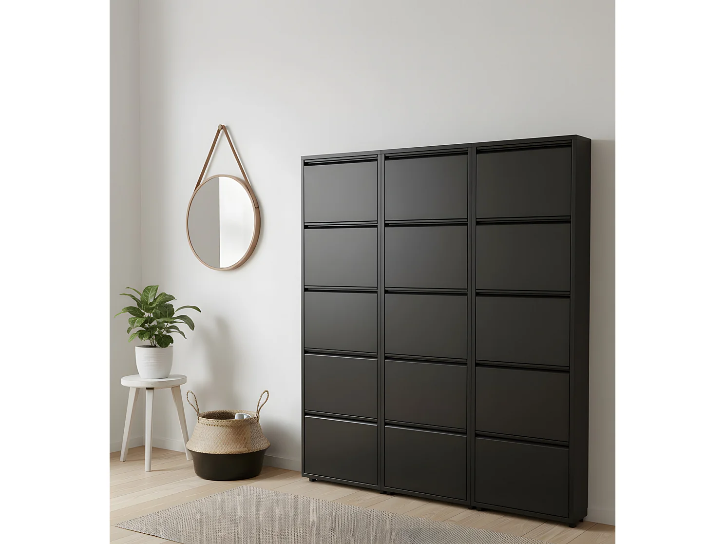 Pisa Armoire à chaussures avec 15 casiers/portes en métal noir. Livrée entièrement montée.