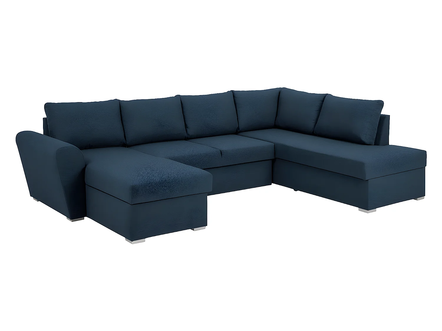 Stan slaapbank, hoek rechts met chaise longue links, in blauw.