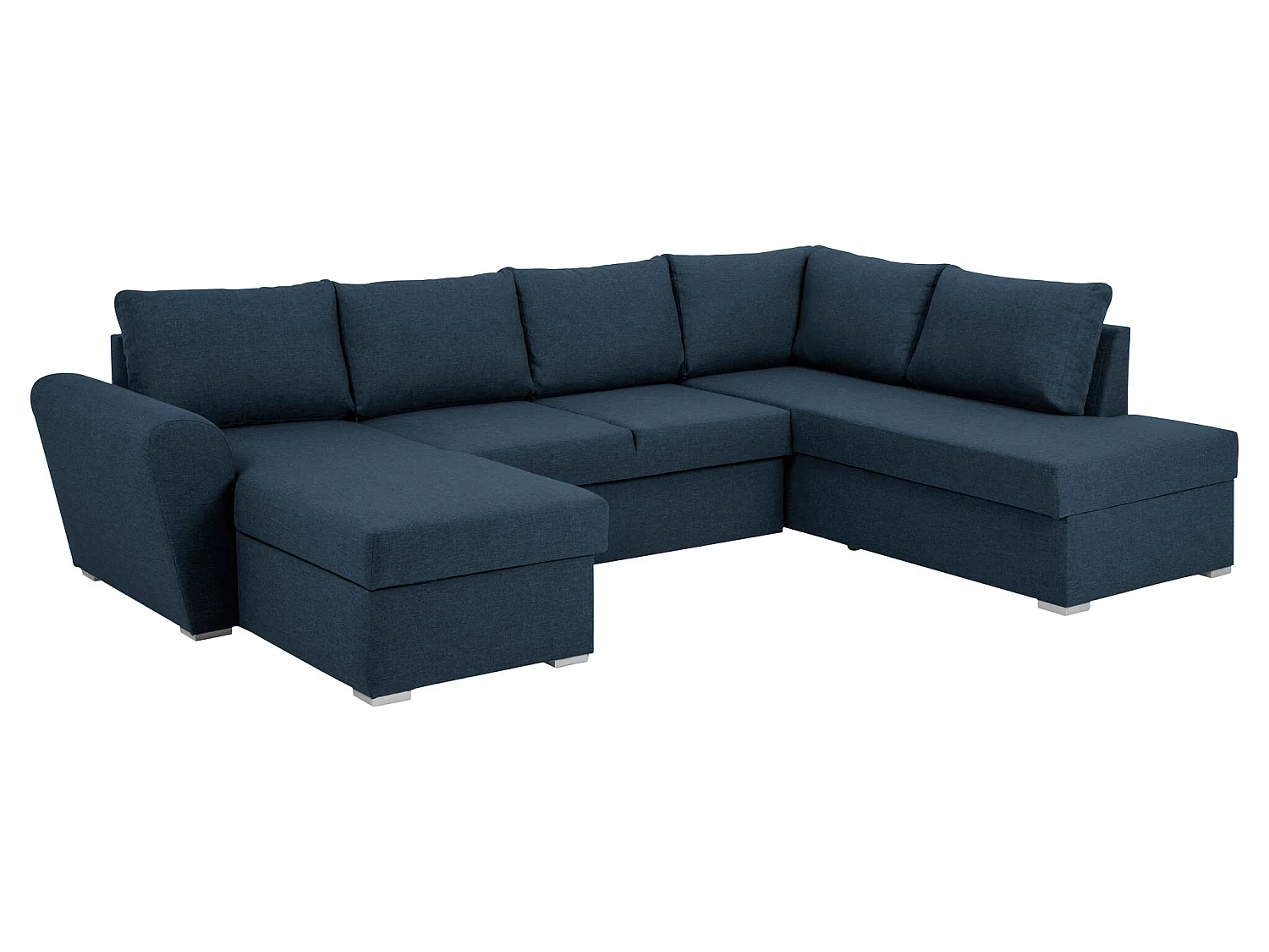 Stan slaapbank, hoek rechts met chaise longue links, in blauw.