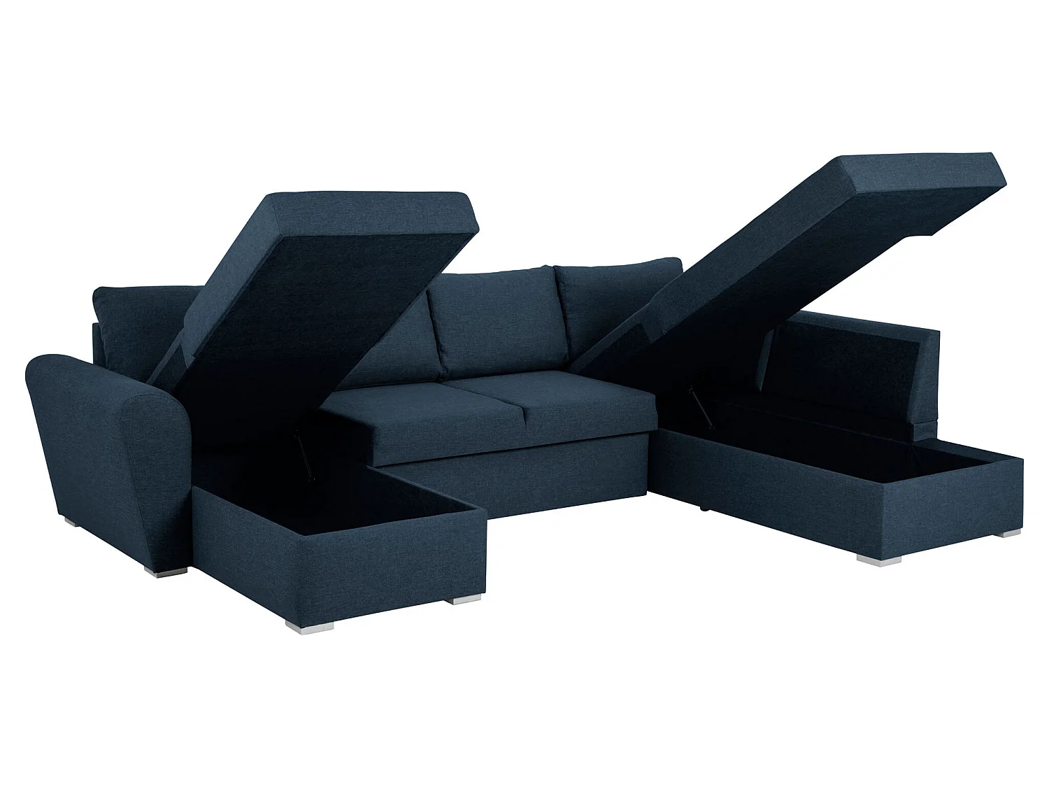 Stan slaapbank, hoek rechts met chaise longue links, in blauw.