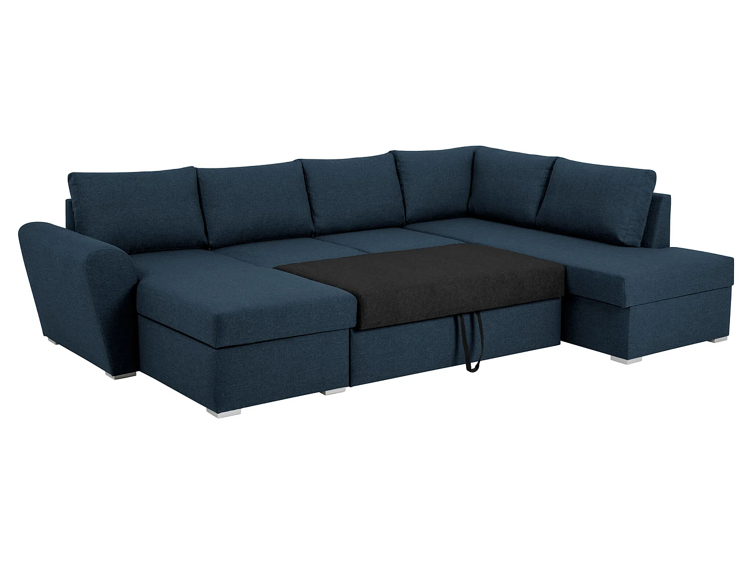Stan slaapbank, hoek rechts met chaise longue links, in blauw.