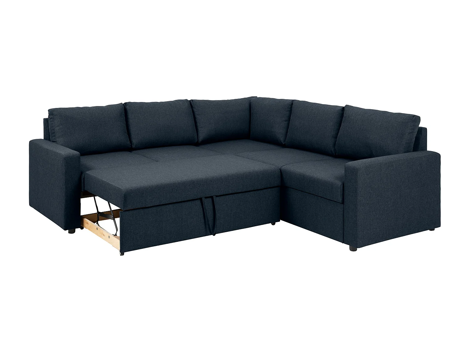 Sacramento Ecksofa versteckte Aufbewahrung und ausziehbares Bett dunkelblau.