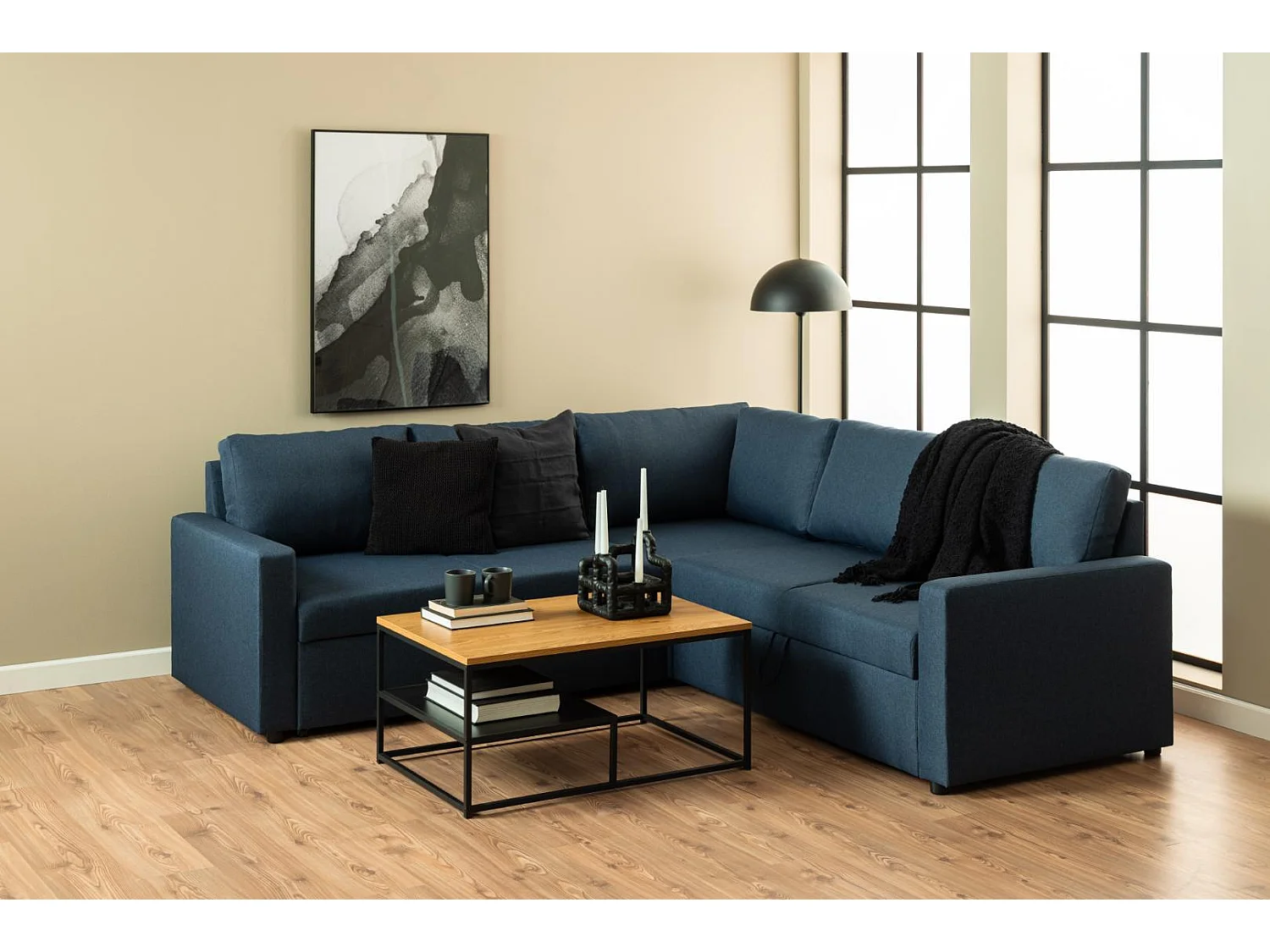 Sacramento Ecksofa versteckte Aufbewahrung und ausziehbares Bett dunkelblau.
