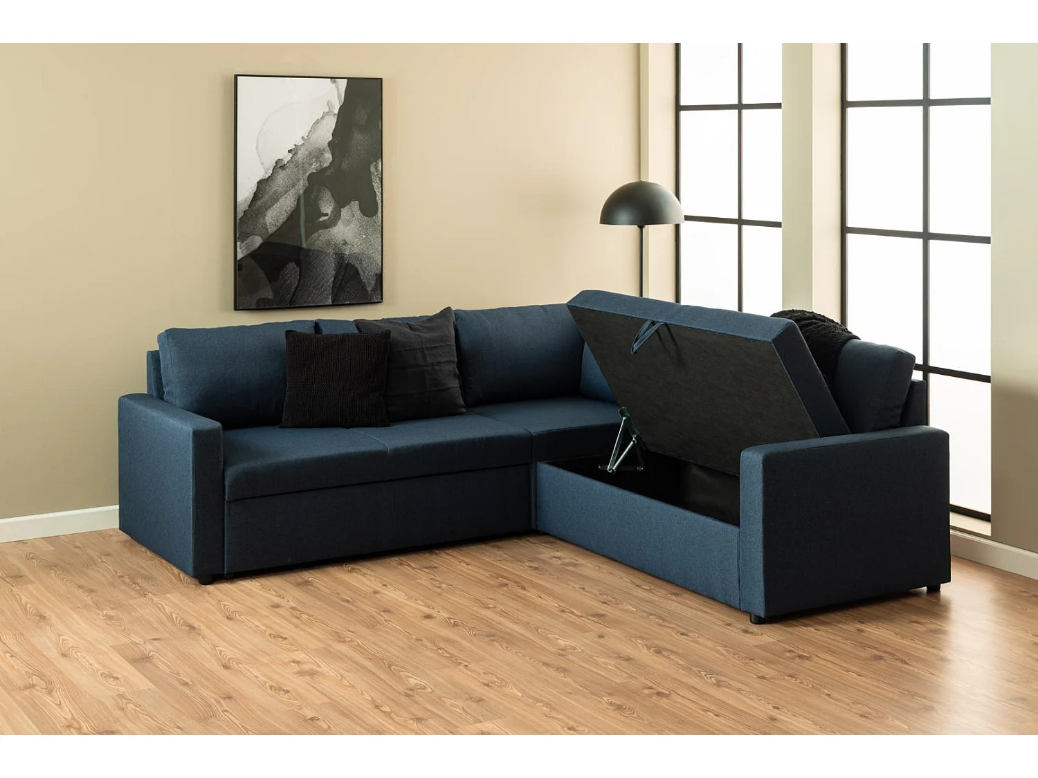 Sacramento Ecksofa versteckte Aufbewahrung und ausziehbares Bett dunkelblau.