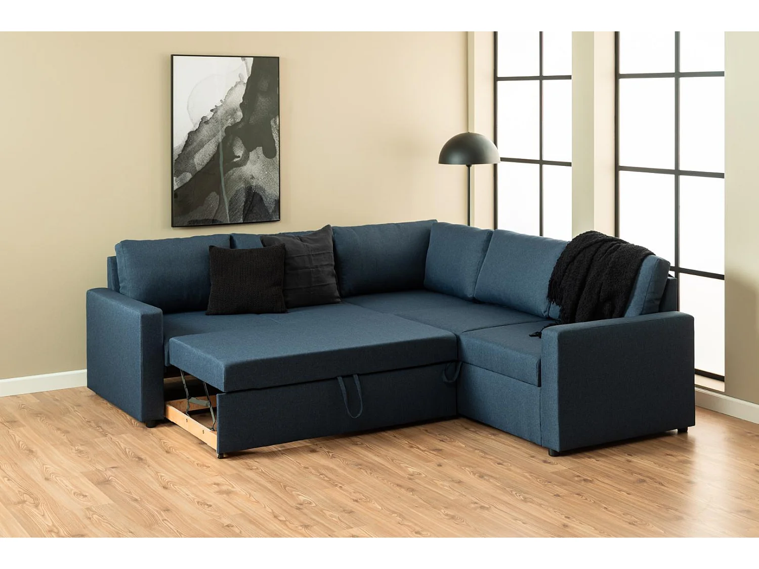 Sacramento Ecksofa versteckte Aufbewahrung und ausziehbares Bett dunkelblau.