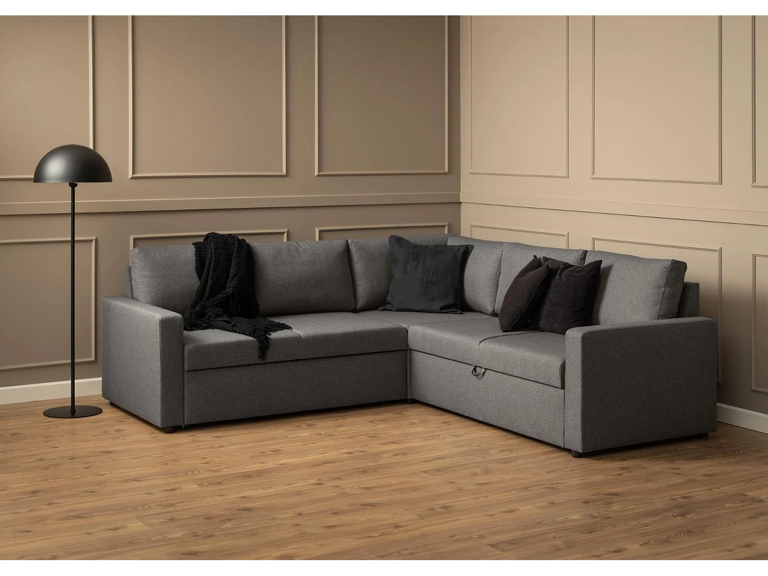 Sacramento hoekbank verborgen opslag en uitschuifbaar bed grijs.