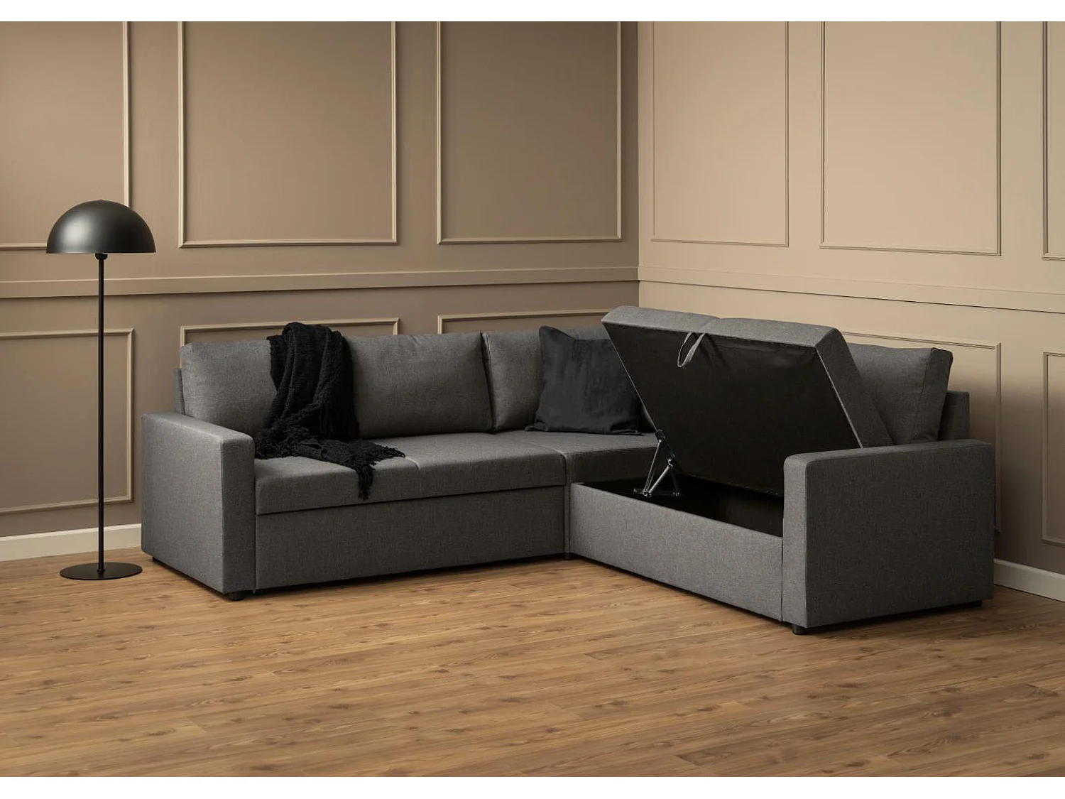 Sacramento hoekbank verborgen opslag en uitschuifbaar bed grijs.