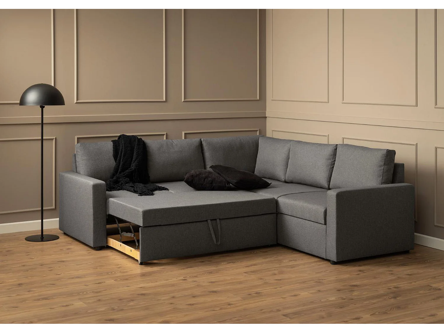 Sacramento hoekbank verborgen opslag en uitschuifbaar bed grijs.