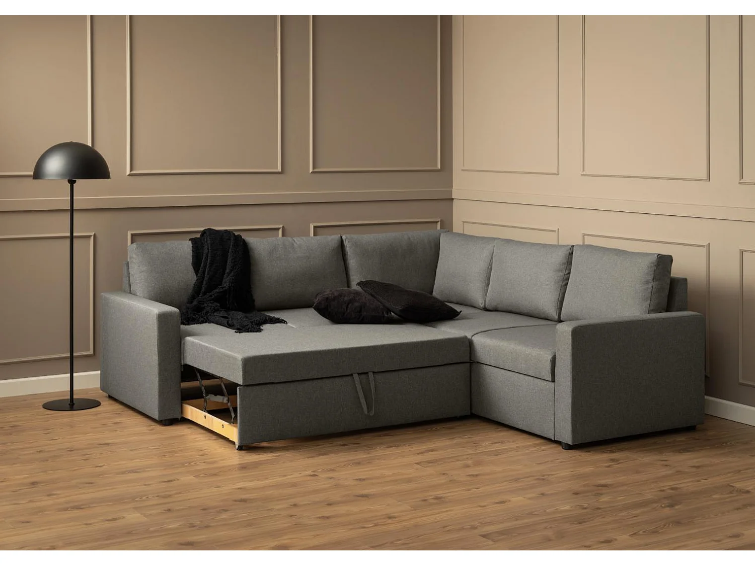 Sacramento Ecksofa versteckte Aufbewahrung und ausziehbares Bett hellgrau.