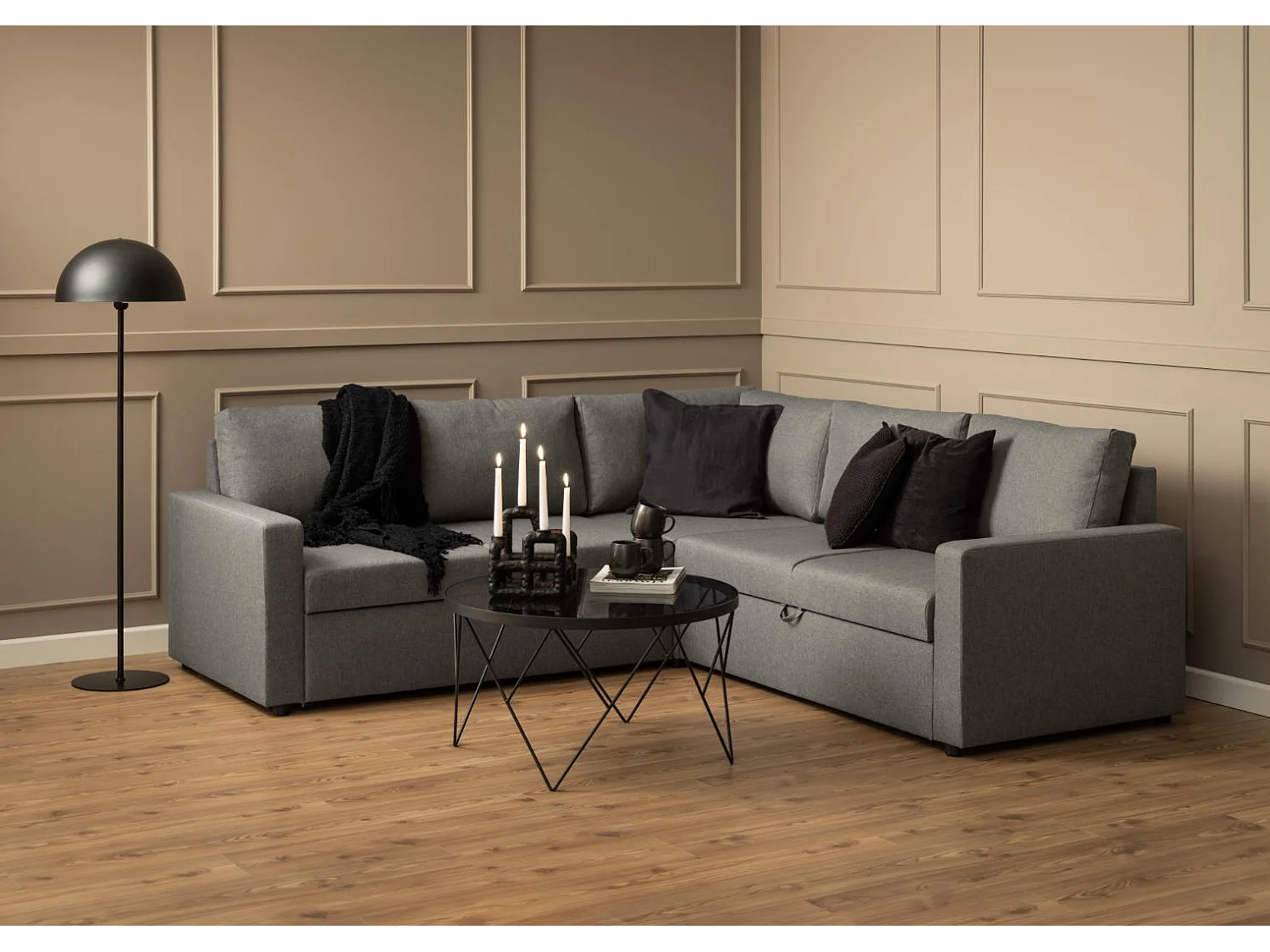 Sacramento Ecksofa versteckte Aufbewahrung und ausziehbares Bett hellgrau.