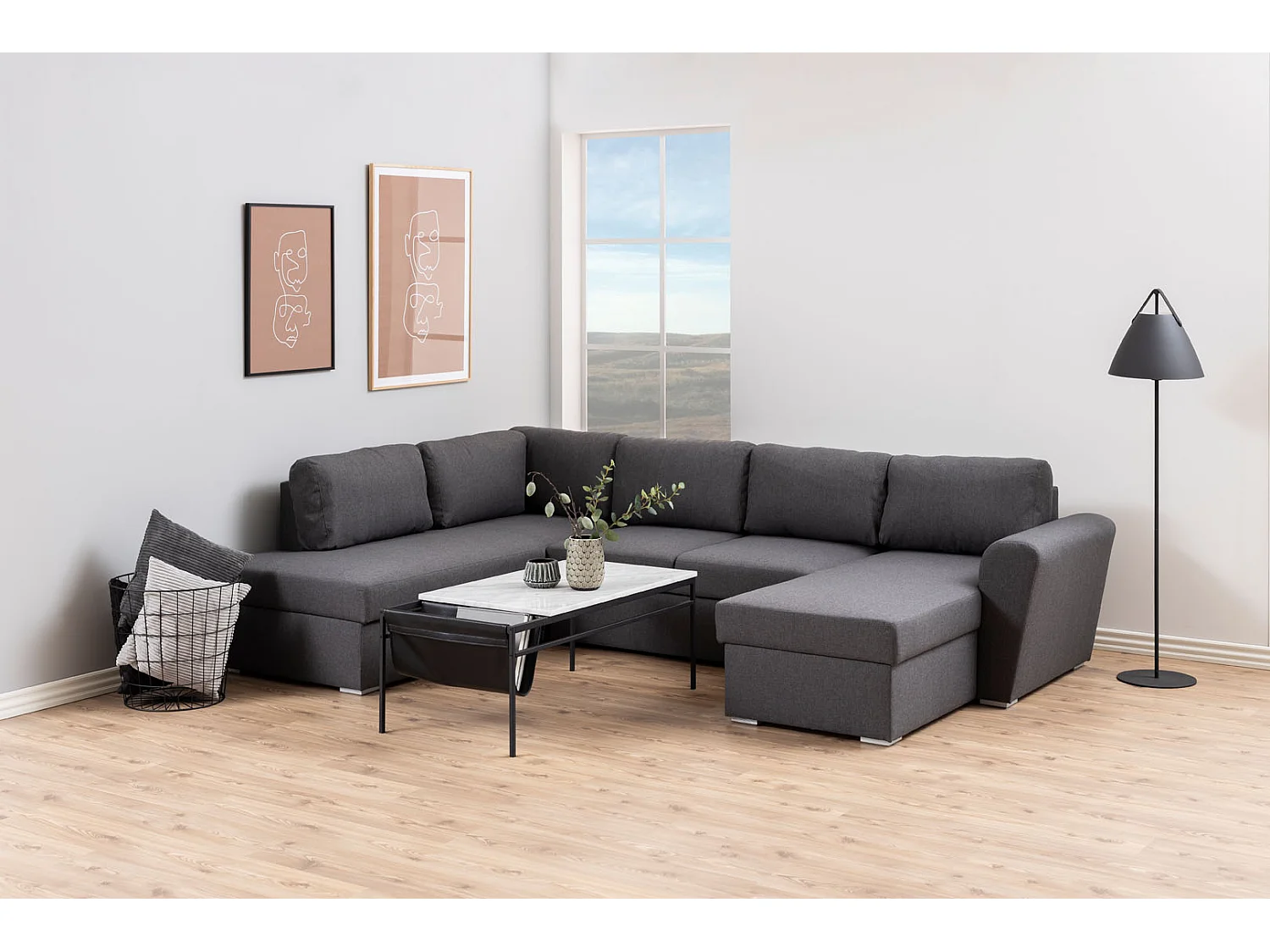 Stan slaapbank, hoek links met chaise longue rechts, in grijs.