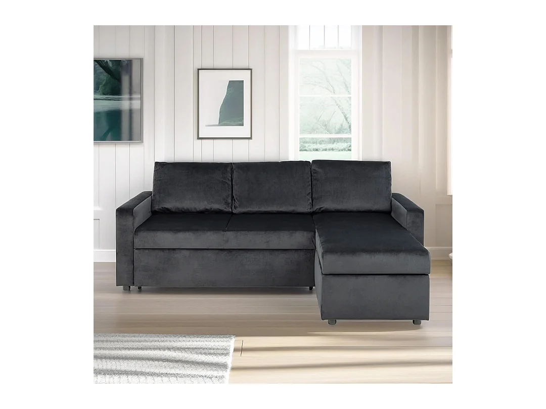Sacramento slaapbank chaise longue omkeerbaar, verborgen opslag en uitschuifbaar bed antracietgrijs.