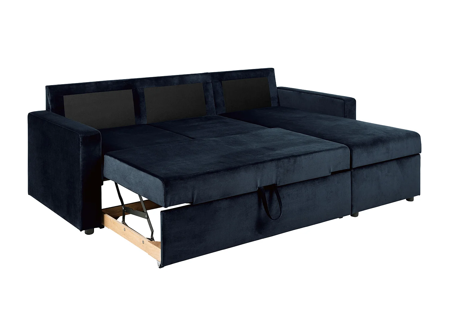 Sacramento slaapbank chaise longue omkeerbaar, verborgen opslag en uitschuifbaar bed donkerblauw.