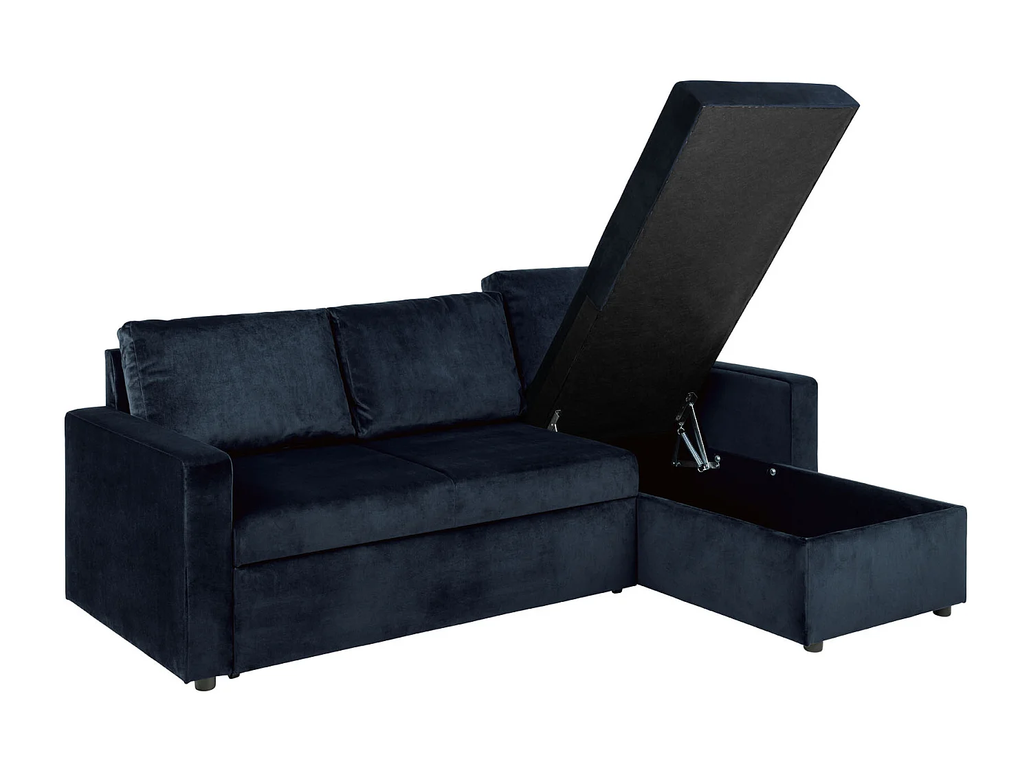 Sacramento slaapbank chaise longue omkeerbaar, verborgen opslag en uitschuifbaar bed donkerblauw.