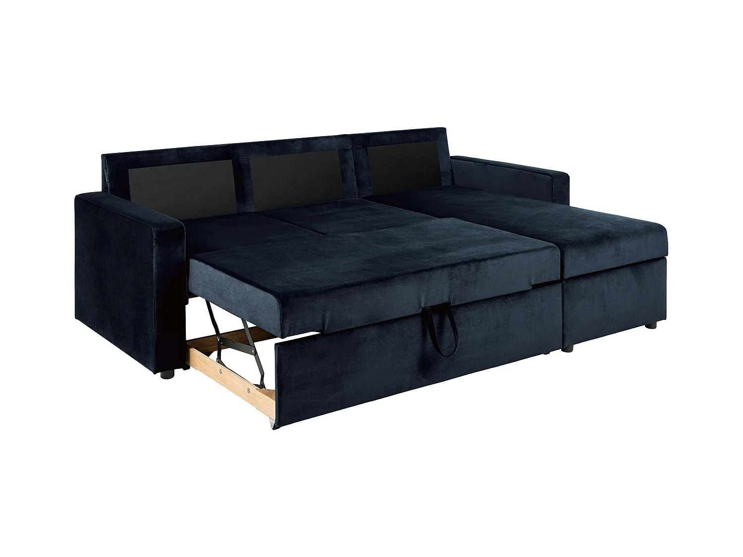 Sacramento slaapbank chaise longue omkeerbaar, verborgen opslag en uitschuifbaar bed donkerblauw.