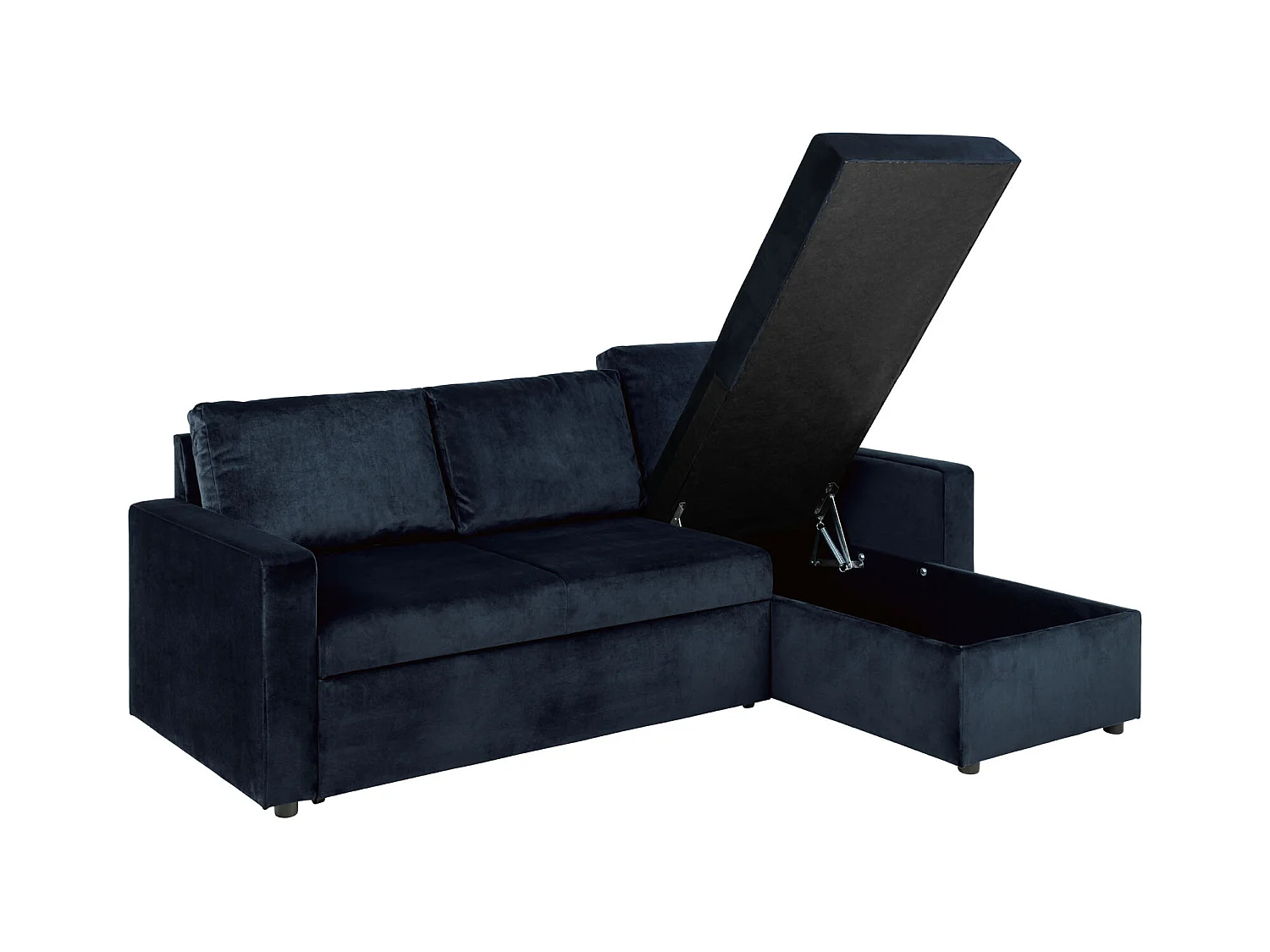Sacramento slaapbank chaise longue omkeerbaar, verborgen opslag en uitschuifbaar bed donkerblauw.