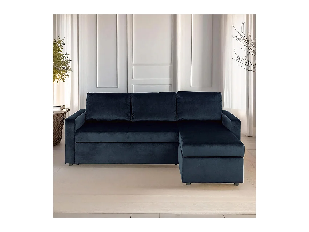 Sacramento slaapbank chaise longue omkeerbaar, verborgen opslag en uitschuifbaar bed donkerblauw.